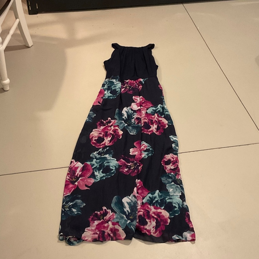 SLNY Floral Maxi Dress in Navy with Pink and Teal